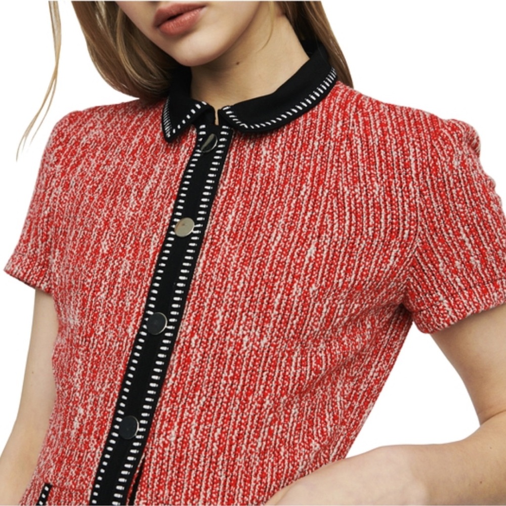 Maje Renati Tweed Red/Black Mini Dress Size 36 Small - Picture 2 of 9